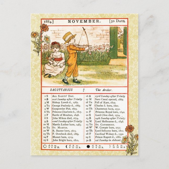 Carte Postale Novembre 1884 Almanac.  Sagittaire, L'Archer (Devant)