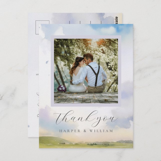 Carte Postale nuage aquarelle rêveuse photo de mariage merci (Devant / Derrière)