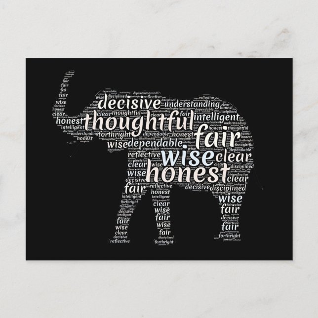 Carte Postale Nuage de mots sur les qualités de l'éléphant (Devant)