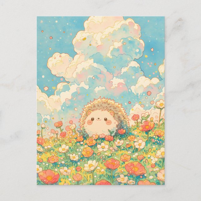 Carte Postale Nuage de Pêche Douillet Kawaii Prairie de Hérisson (Devant)