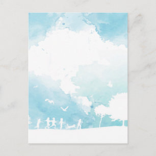 Carte Postale Nuages d'été Ciel bleu Enfants jouant de l'aquarel