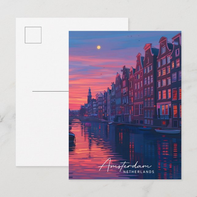 Carte Postale Nuit à Amsterdam Pays-Bas Travel (Devant / Derrière)