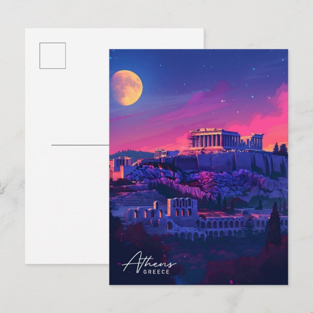 Carte Postale Nuit à Athènes Grèce Voyage (Devant / Derrière)