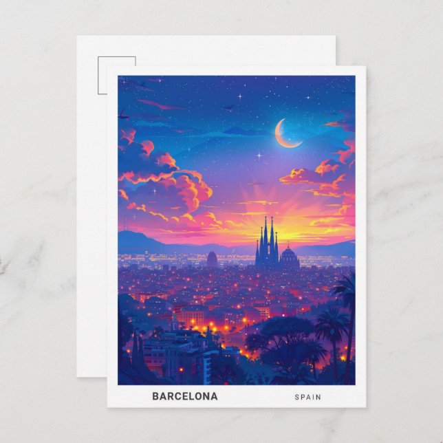 Carte Postale Nuit à Barcelone Espagne Voyage (Devant / Derrière)