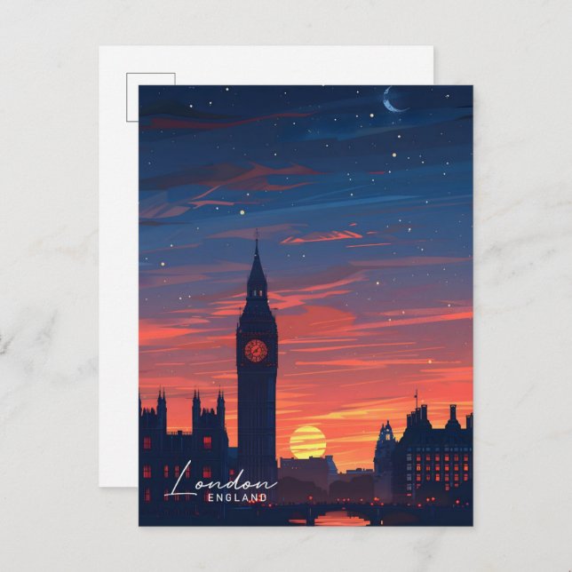 Carte Postale Nuit à Big Ben Londres Angleterre Voyage (Devant / Derrière)