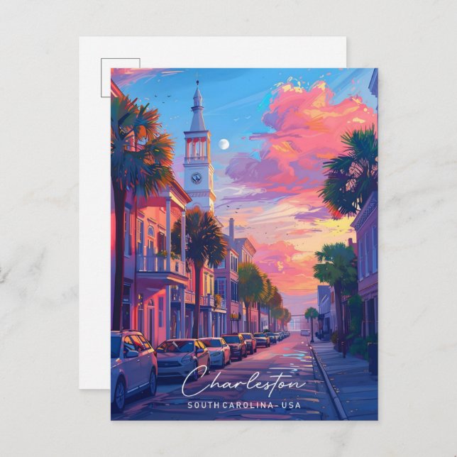 Carte Postale Nuit à Charleston Caroline du Sud USA Travel (Devant / Derrière)