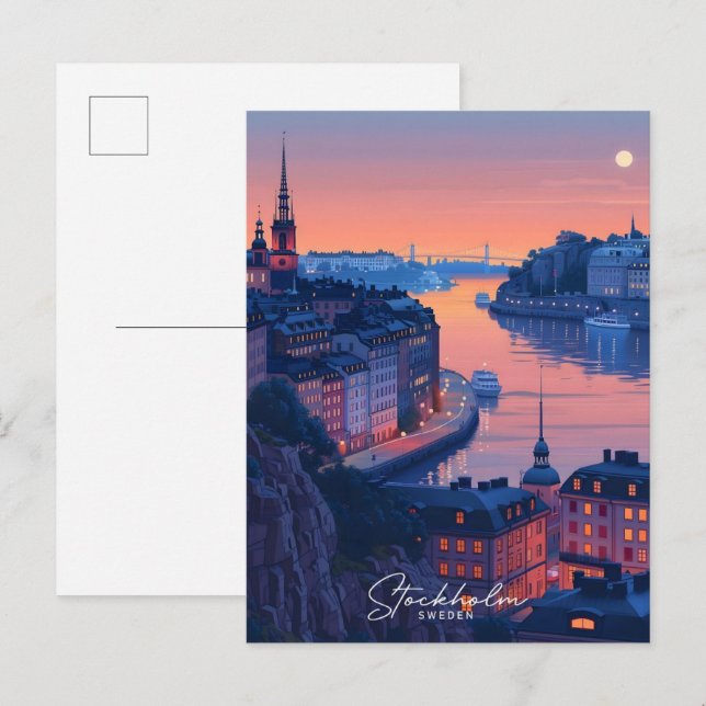 Carte Postale Nuit à Stockholm Suède Vintage voyage (Devant / Derrière)