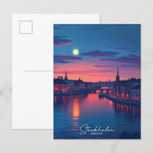 Carte Postale Nuit à Stockholm Ville Suède Vintage voyage