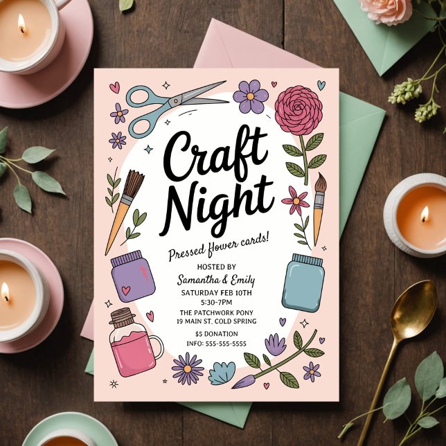Carte Postale Nuit de loisirs créatifs avec des ciseaux et de la (Charming pastel craft night invitation with whimsical design for a fun, creative gathering.)