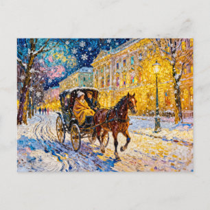 Carte Postale Nuit de ville enneigée impressionniste avec carria