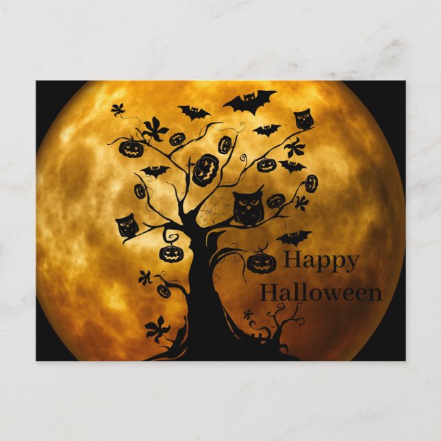 Carte Postale Nuit d'Halloween effrayant avec les hibou (Devant)