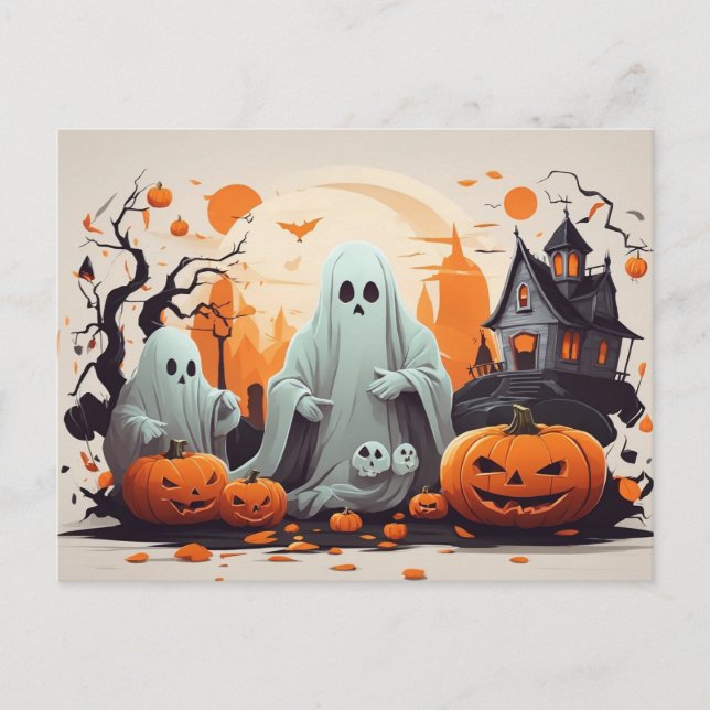 Carte Postale Nuit d'Halloween effrayante avec Fantôme de Corbea (Devant)