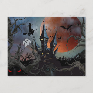 Carte Postale Nuit d'Halloween sombre avec lune, sorcière