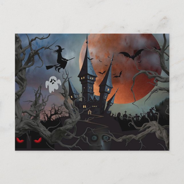 Carte Postale Nuit d'Halloween sombre avec lune, sorcière (Devant)