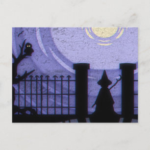 Carte Postale Nuit effrayante d'Halloween avec sorcière corbeau