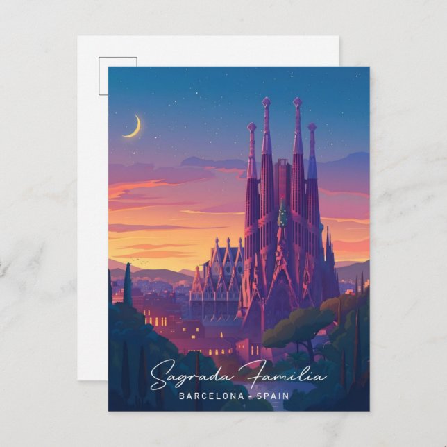 Carte Postale Nuit en Sagrada Familia Barcelone Espagne Voyage (Devant / Derrière)