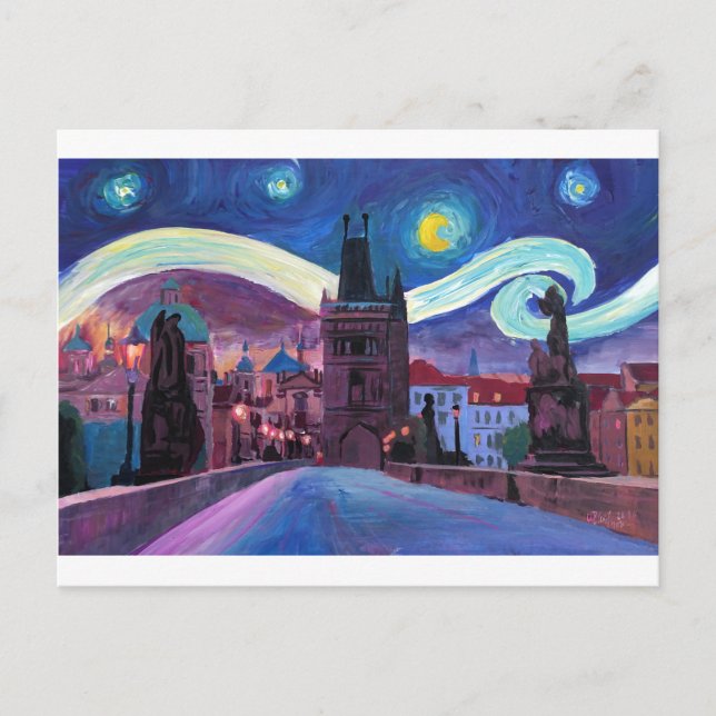 Carte Postale Nuit étoile à Prague avec Carlsbridge (Devant)