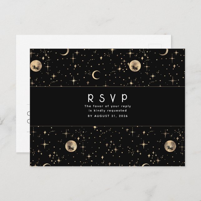 Carte Postale Nuit étoile Noir et Or Mariage RSVP (Devant / Derrière)