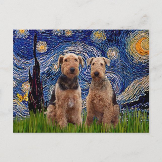 Carte Postale Nuit étoilée - Airedale Terriers (deux) (Devant)