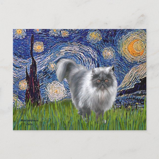 Carte Postale Nuit étoilée - Chat persan à la fumée bleue (Devant)