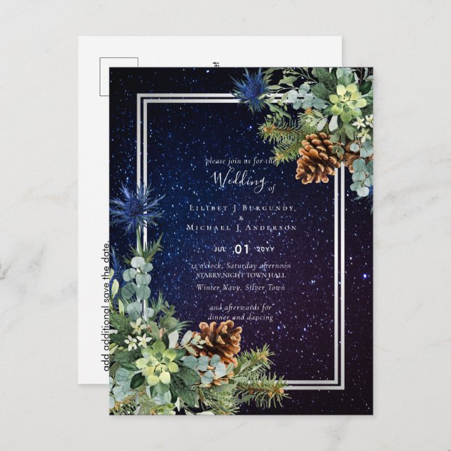 Carte Postale Nuit étoilée Eucalyptus Chardon bleu Mariage d'hiv (Devant / Derrière)