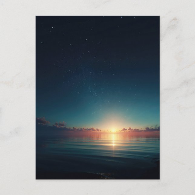 Carte Postale Nuit étoilée lumineuse, océan au lever du soleil (Devant)