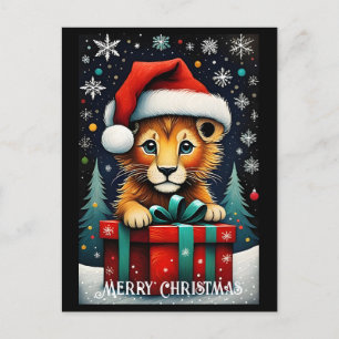 Carte Postale Nuit neige mignonne Père Noël bébé Lion Noël