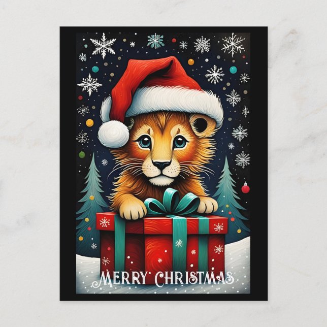 Carte Postale Nuit neige mignonne Père Noël bébé Lion Noël (Devant)