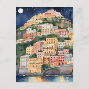 Carte Postale Nuit Positano, Italie, Côte Italienne Aquarelle