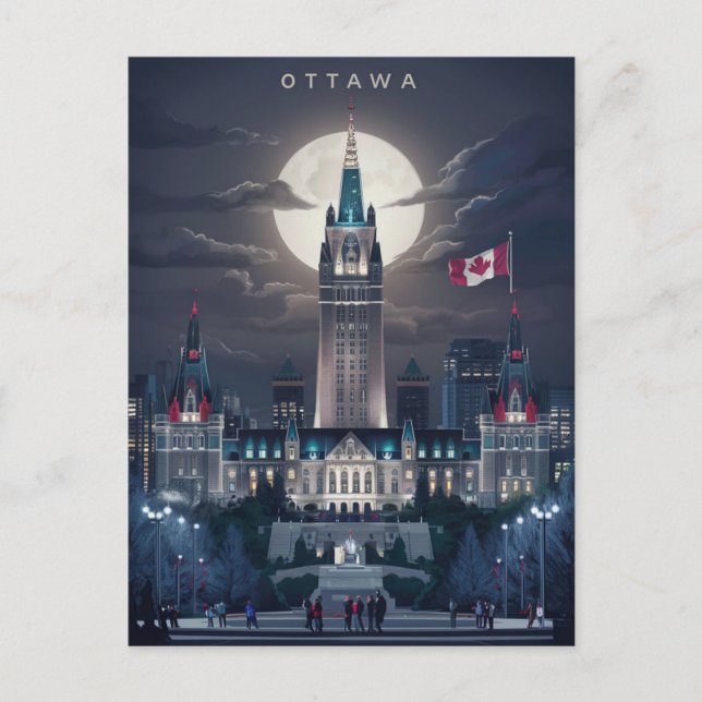 Carte Postale Nuit sur la colline du Parlement d'Ottawa (Devant)