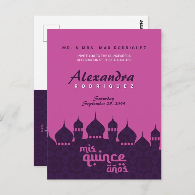 Carte Postale Nuits violettes et roses chaudes Quinceañera (Devant / Derrière)