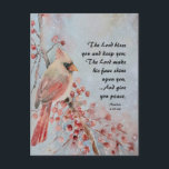 Carte Postale Numbers 6 24-26 Lord Bless You Red Bird & Berries<br><div class="desc">Inspirational scripture postcard depicts a beautiful nature watercolor design including a red bird on a tree branch with red berries and a blue sky. It feature a portion of Bible Verses Numbers 6 24-26, "The Lord bless you and keep you; The Lord make his face shine upon you, ... And...</div>