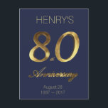 Carte Postale Numéro 80 80th Birthday Anniversary Blue Gold<br><div class="desc">Number 80 Blue and Gold Look Typografy 80th Corporate Anniversary 80th Birthday Anniversary 80 Years 80th Anniversary Elegant Postcard,  you can add name and date and change the background color</div>