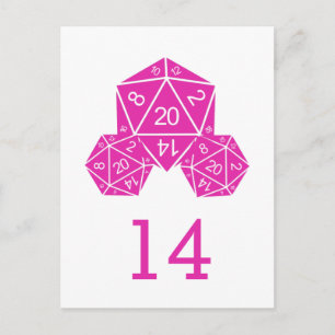 Carte postale Numéro de table de dés D20 rose
