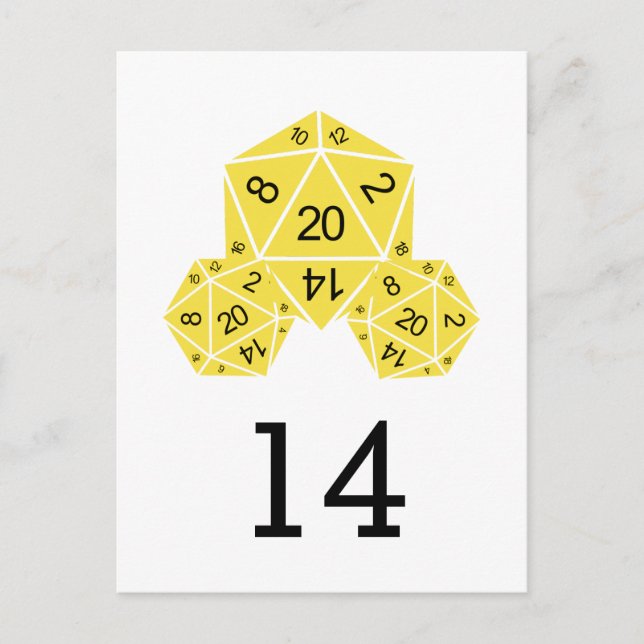 Carte postale Numéro de table des dés D20 jaune (Devant)