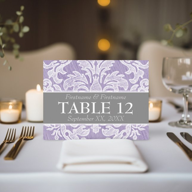 Carte Postale Numéro de tableau du Mariage de modèle Damas moder (Mod Lace - Lavender and Grey reserved wedding table number sign)