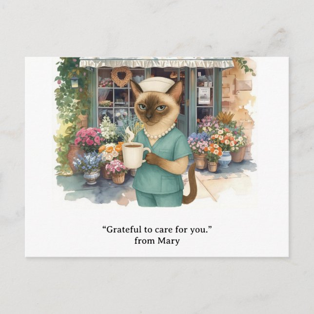 Carte Postale Nurse boit du café devant le fleuriste shop (Devant)