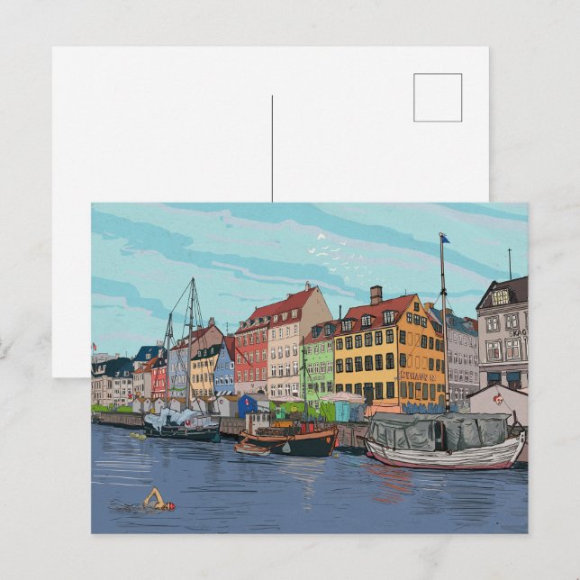 Carte Postale Nyhavn Copenhagen Danemark Illustration lunaire (Devant / Derrière)