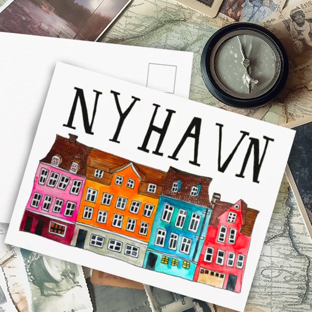 Carte Postale NYHAVN Copenhagen Watercolor Art Travel (Watercolor painting custom postcard Denmark Copenhagen Nyhavn)