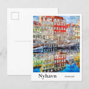 Carte Postale Nyhavn Danemark Voyage Aquarelle main tirée