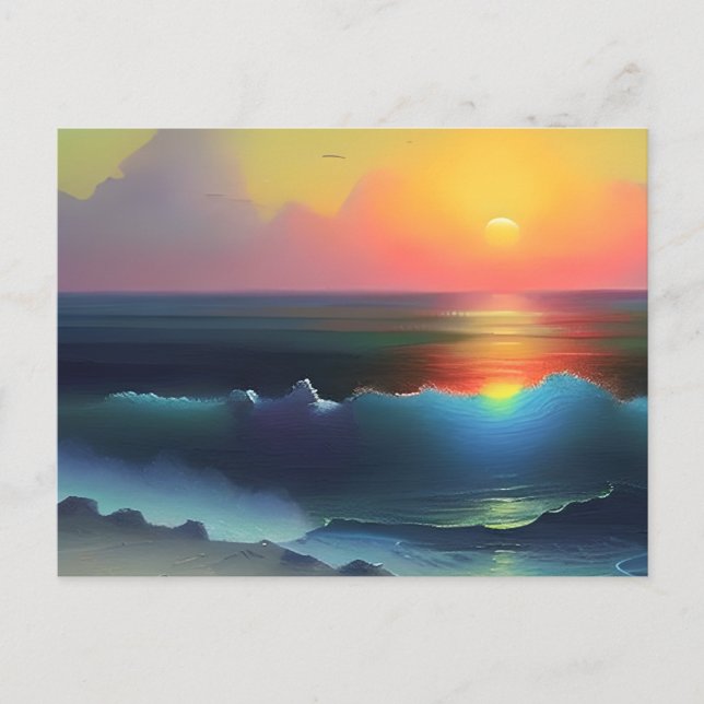 Carte Postale Océan Bleu Éthéré et Coucher de Soleil Rose (Devant)