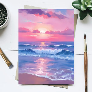 Carte Postale Océan peint en rose   Pastel aquarelle côtier