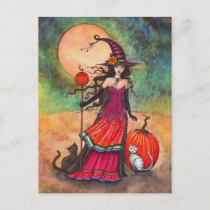 Carte Postale Octobre Moon Witch Chat Halloween Imaginaire Art