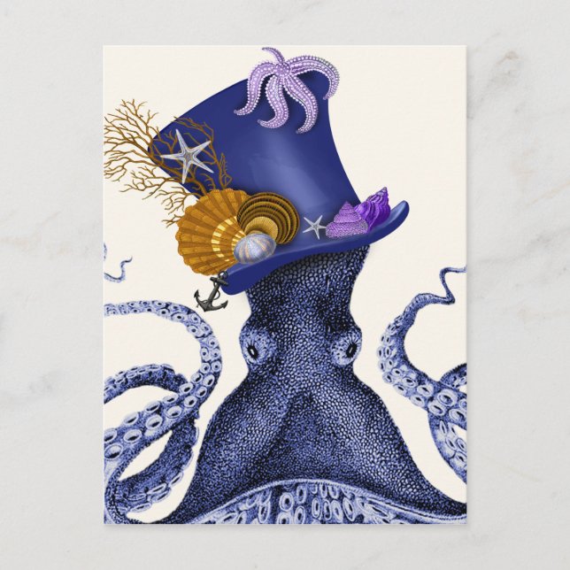 Carte Postale Octopus avec Casquette nautique (Devant)