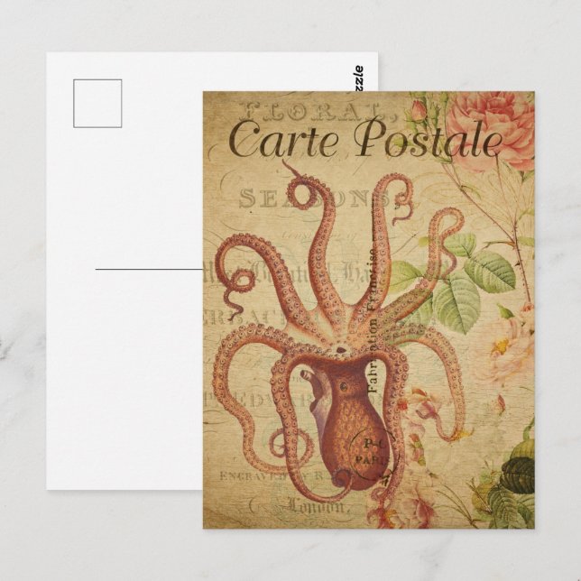 Carte Postale Octopus rouge vintage (Devant / Derrière)