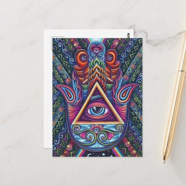 Carte Postale Œil omniscient aux couleurs vives  (Devant/Arrière en situation)