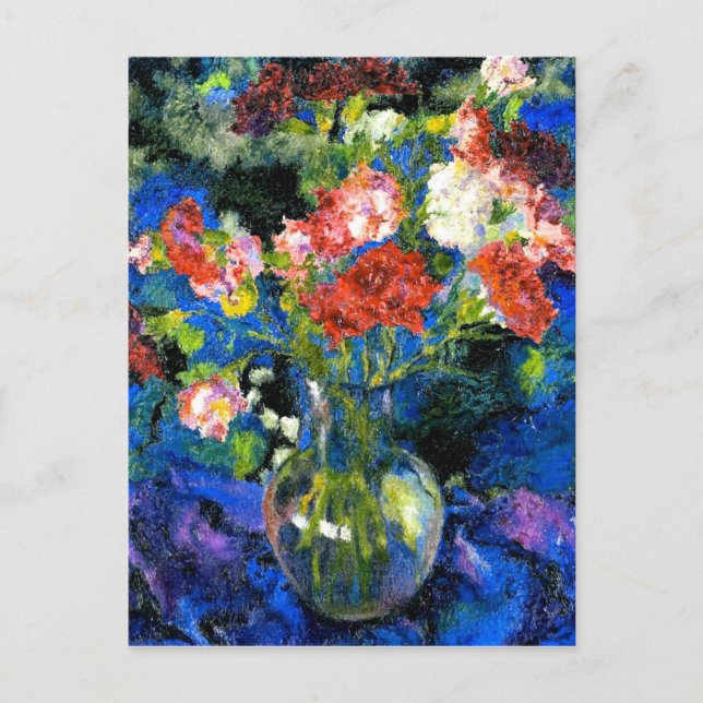 Carte Postale Oeillets dans un vase de verre rond (Devant)
