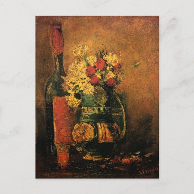 Carte Postale Oeillets, Roses et une bouteille de Vincent van Go (Devant)