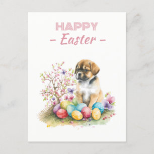Carte Postale Oeufs de Pâques Aquarelle Chiot Fleurs de cerisier