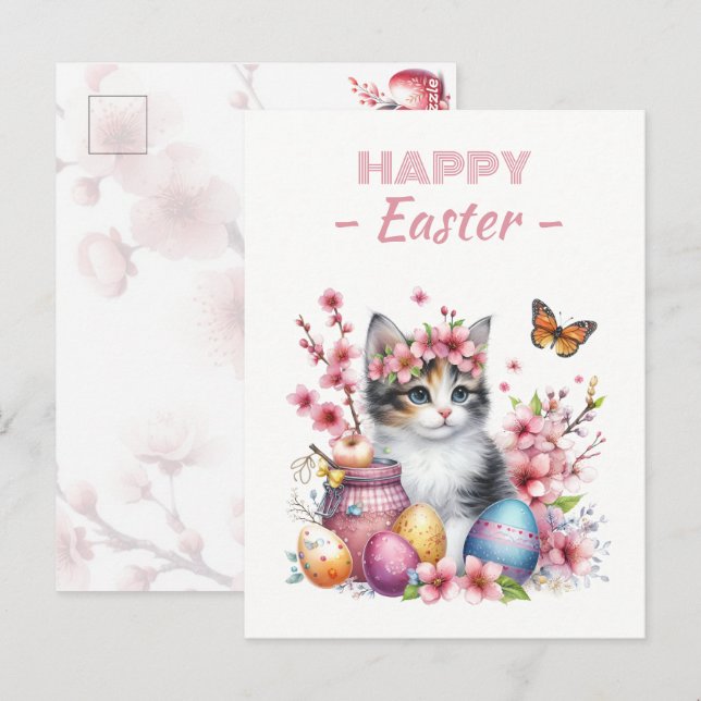Carte Postale Oeufs de Pâques Aquarelle Kitten Fleurs de cerisie (Devant / Derrière)
